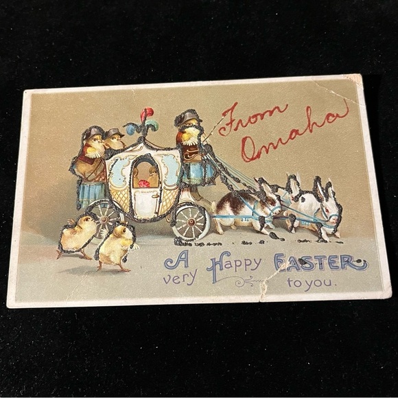 Vtg 1910 Anthropomorphic Chicks Soldiers Driving Bunny Rabbits Carriage Easter - Picture 7 of 9